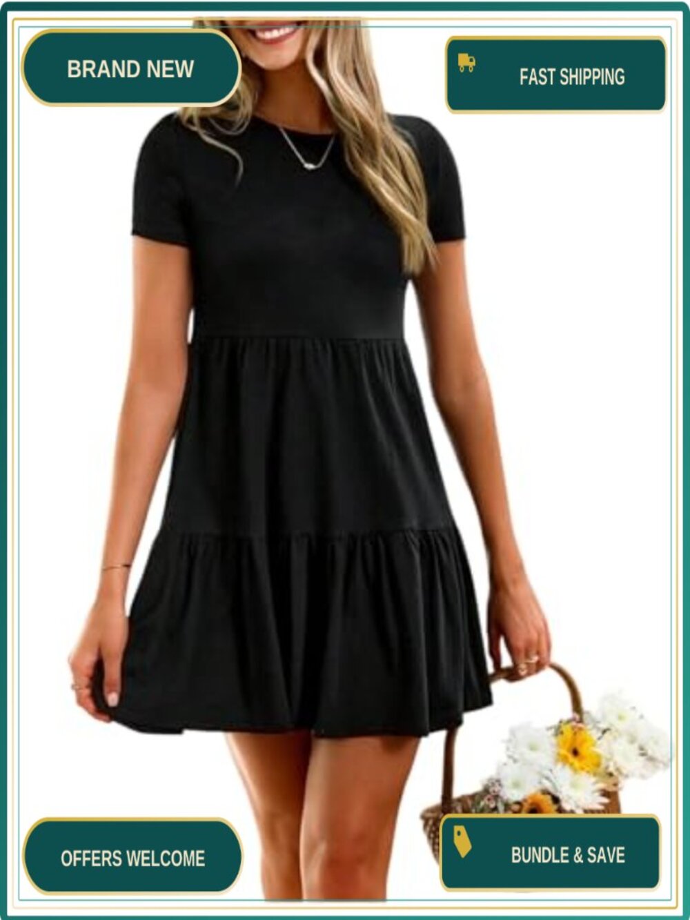 Women's Babydoll Ruffle Mini Dress Short Sleeve Summer Flowy A-Line